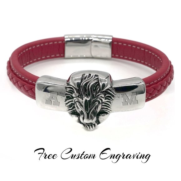 My Bead Emporium Other - Men's Red leather bracelet with Lions head and magnetic clasp.